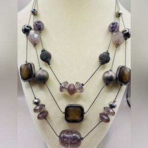 New York and Co silver multi strand station necklace with brown and silver beads